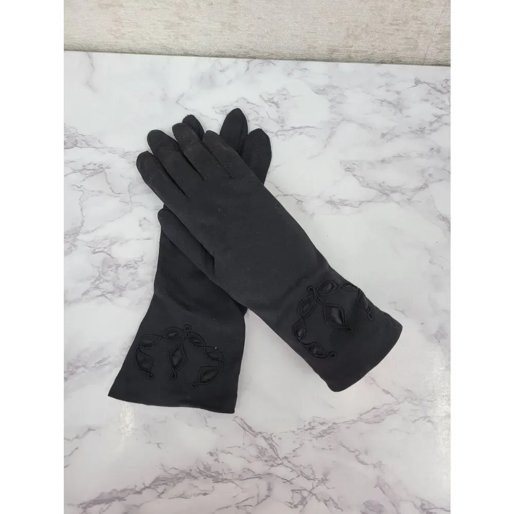 Vintage Nylon Classic Black Dress Driving Formal Gloves Satin Inset & Embroidery